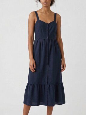 Frank And Oak Navy Tencel Linen Blend Button-Down Midi Dress S